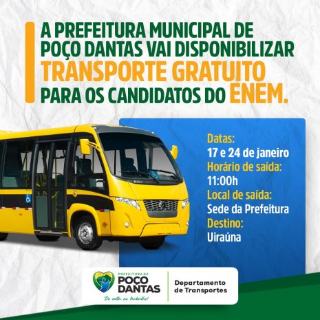 Prefeitura de Poço Dantas irá disponibilizar transporte gratuito para candidatos do ENEM